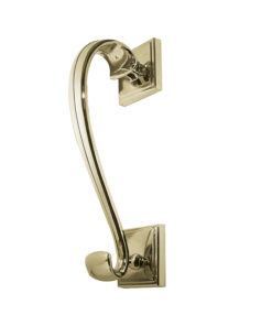 Sloan Scroll Door Knocker On Square Rose, Polished Brass