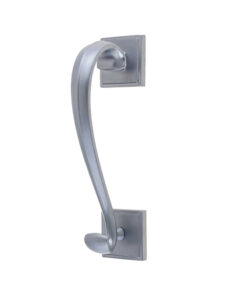 Sloan Scroll Door Knocker On Square Rose, Satin Chrome