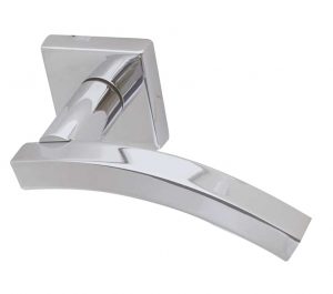 Paja Kubus Curved Door Handles On Square Rose, Polished Chrome (sold in pairs)