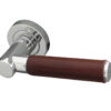 Paja Ascot Brown Leather Door Handles On Round Rose, Polished Chrome  (sold in pairs)