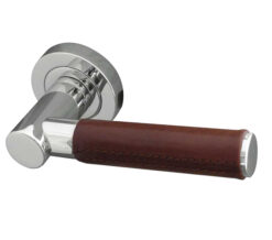 Paja Ascot Brown Leather Door Handles On Round Rose, Polished Chrome  (sold in pairs)