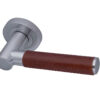Paja Ascot Brown Leather Door Handles On Round Rose, Satin Chrome  (sold in pairs)