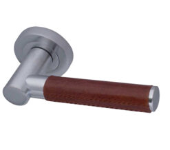 Paja Ascot Brown Leather Door Handles On Round Rose, Satin Chrome  (sold in pairs)