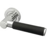 Paja Ascot Black Leather Door Handles On Round Rose, Polished Chrome (sold in pairs)