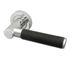 Paja Ascot Black Leather Door Handles On Round Rose, Polished Chrome (sold in pairs)
