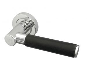 Paja Ascot Black Leather Door Handles On Round Rose, Polished Chrome (sold in pairs)