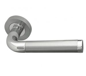 Door Handles On Round Rose, Dual Finish Polished Chrome & Satin Chrome (sold in pairs)