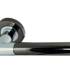 Mitred Door Handles On Round Rose, Dual Finish Polished Chrome & Black Nickel(sold in pairs)