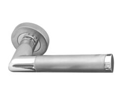 Mitred Door Handles On Round Rose, Dual Finish Polished Chrome & Satin Chrome  (sold in pairs)