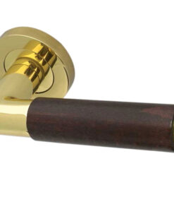 Reguitti Cuba Dark Wood Door Handles On Round Rose, Polished Brass(sold in pairs)
