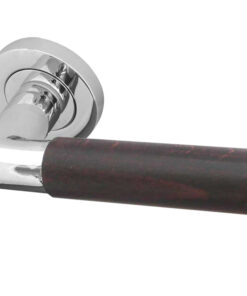 Reguitti Cuba Dark Wood Door Handles On Round Rose, Polished Chrome (sold in pairs)