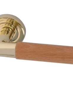 Reguitti Havanna Light Wood Door Handles On Round Rose, Polished Brass  (sold in pairs)