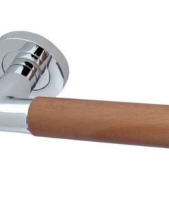 Reguitti Havanna Light Wood Door Handles On Round Rose, Polished Chrome (sold in pairs)