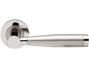 Alexander Door Handles On Round Rose, Dual Finish Polished Chrome & Satin Nickel (sold in pairs)