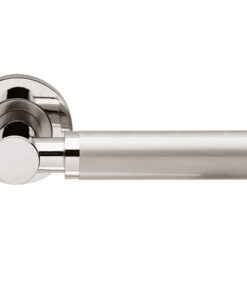 Charlotte Door Handles On Round Rose, Dual Finish Polished Chrome & Satin Nickel (sold in pairs)
