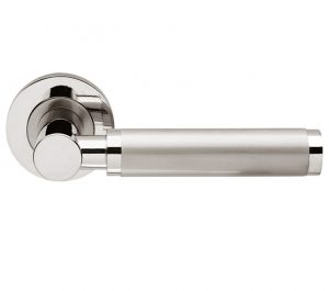 Charlotte Door Handles On Round Rose, Dual Finish Polished Chrome & Satin Nickel (sold in pairs)