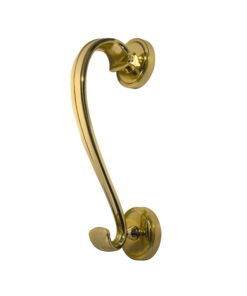 Sloan Scroll Door Knocker On Round Rose, Polished Brass