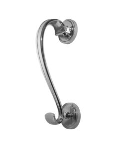 Sloan Scroll Door Knocker On Round Rose, Polished Chrome