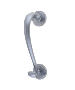 Sloan Scroll Door Knocker On Round Rose, Satin Chrome