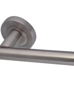 Petra Door Handles On Round Rose, Satin Nickel  (sold in pairs)