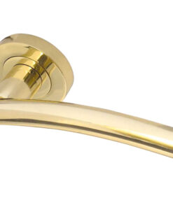 Curve Door Handles On Round Rose, PVD Stainless Brass  (sold in pairs)