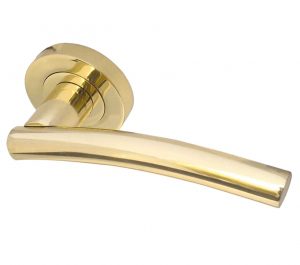 Curve Door Handles On Round Rose, PVD Stainless Brass (sold in pairs)