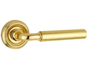 Parisian Elise Door Handles On Round Rose, Polished Brass (sold in pairs)