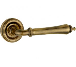 Parisian Camille Door Handles On Round Rose, Antique Brass  (sold in pairs)