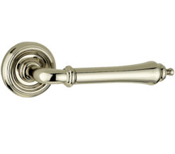 Parisian Camille Door Handles On Round Rose, Polished Nickel  (sold in pairs)
