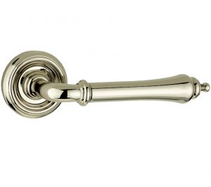 Parisian Camille Door Handles On Round Rose, Polished Nickel (sold in pairs)