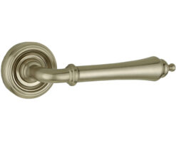 Parisian Camille Door Handles On Round Rose, Satin Nickel  (sold in pairs)