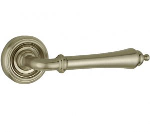 Parisian Camille Door Handles On Round Rose, Satin Nickel (sold in pairs)