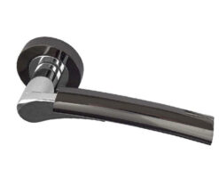 Arkus Door Handles On Round Rose, Dual Finish Polished Chrome & Black Nickel