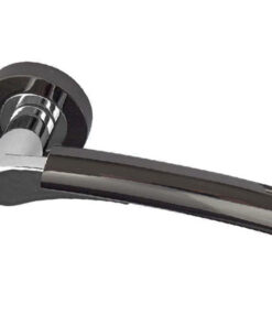Arkus Door Handles On Round Rose, Dual Finish Polished Chrome & Black Nickel