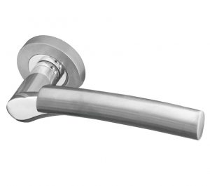 Arkus Door Handles On Round Rose, Dual Finish Polished Chrome & Satin Chrome