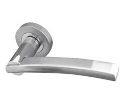 Modena Door Handles On Round Rose, Dual Finish Polished Chrome & Satin Chrome  (sold in pairs)