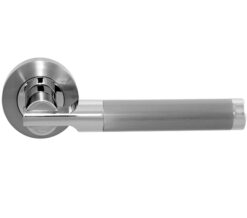 Lydia Door Handles On Round Rose, Dual Finish Polished Chrome And Satin Chrome