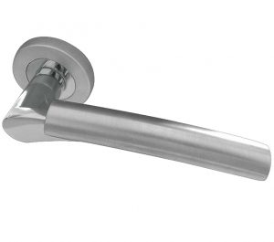 Capri Door Handles On Round Rose, Dual Finish Polished Chrome & Satin Chrome (sold in pairs)