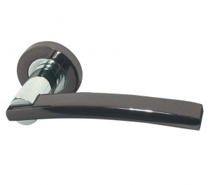 Modena Door Handles On Round Rose - Dual Finish Polished Chrome & Black Nickel (sold in pairs)