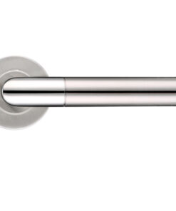 ZCS2 Contract Mitred Lever On Round Rose, Dual Finish Polished & Satin Stainless Steel (sold in pairs)