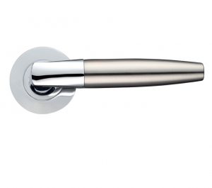 Atlanta Lever On Round Rose, Dual Finish Polished Chrome & Satin Nickel (sold in pairs)