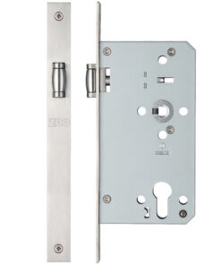 72mm c/c DIN Roller Bathroom Lock (Square Or Radius Profile), Satin Stainless Steel