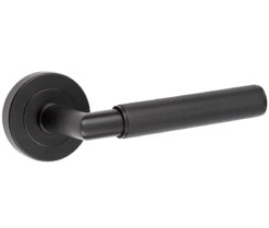 Frelan Hardware Mitred Knurled Door Handles On Round Rose, Matt Black - JMB400 (sold in pairs)