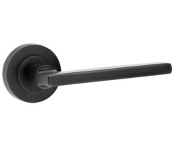 Frelan Hardware Jet Door Handles On Round Rose, Matt Black - JMB600 (sold in pairs)