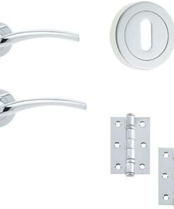 IRONMONGERY SOLUTIONS Lock Pack of Door Handle, 3 Lever Sashlock, Escutcheons & Hinges - Pack of Door Handle in Polished Chrome Finish