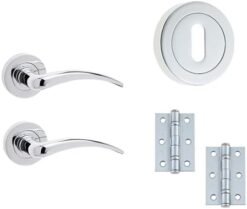 IRONMONGERY SOLUTIONS Lock Pack of Door Handle,3 Lever Sashlocks,Escutcheons & Hinges - Pack of Door Handle in Polished Chrome Finish & Dimensions 76mm x 50mm