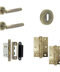 IRONMONGERY SOLUTIONS Lock Pack of Door Handle, 2 Lever Sashlocks, Escutcheon & Hinges - Pack of Door Handle in Antique Brass Finish