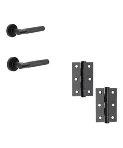 IRONMONGERY SOLUTIONS Latch Pack of Door Handle, Tubular Latch & Hinges - Pack of Door Handle in Matt Black Finish