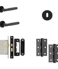 IRONMONGERY SOLUTIONS Lock Pack of Door Handle, 2 Lever Sashlocks, Escutcheon & Hinges - Pack of Door Handle in Matt Black Finish