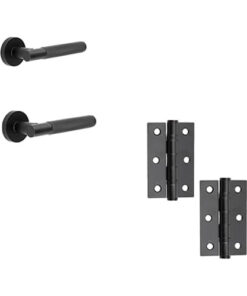 IRONMONGERY SOLUTIONS Latch Pack of Door Handle, Tubular Latch & Hinges - Pack of Door Handle in Matt Black Finish